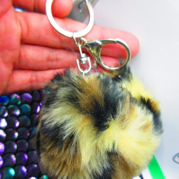 Cheetah Puffball Pom Pom Keychain With Silver Finish Findings - Picture 2 of 4